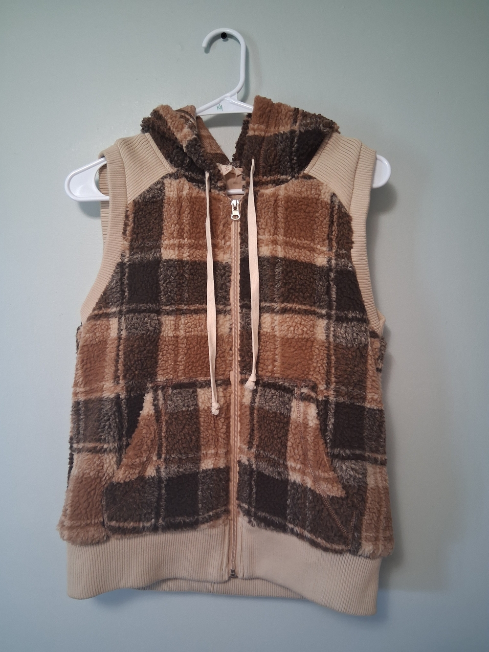 Hem & Thread Brown Plaid Sherpa Hooded Vest Size S